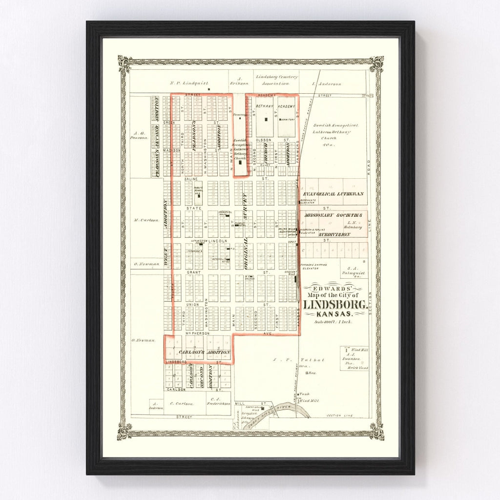 Vintage Map of Lindsborg, Kansas 1884