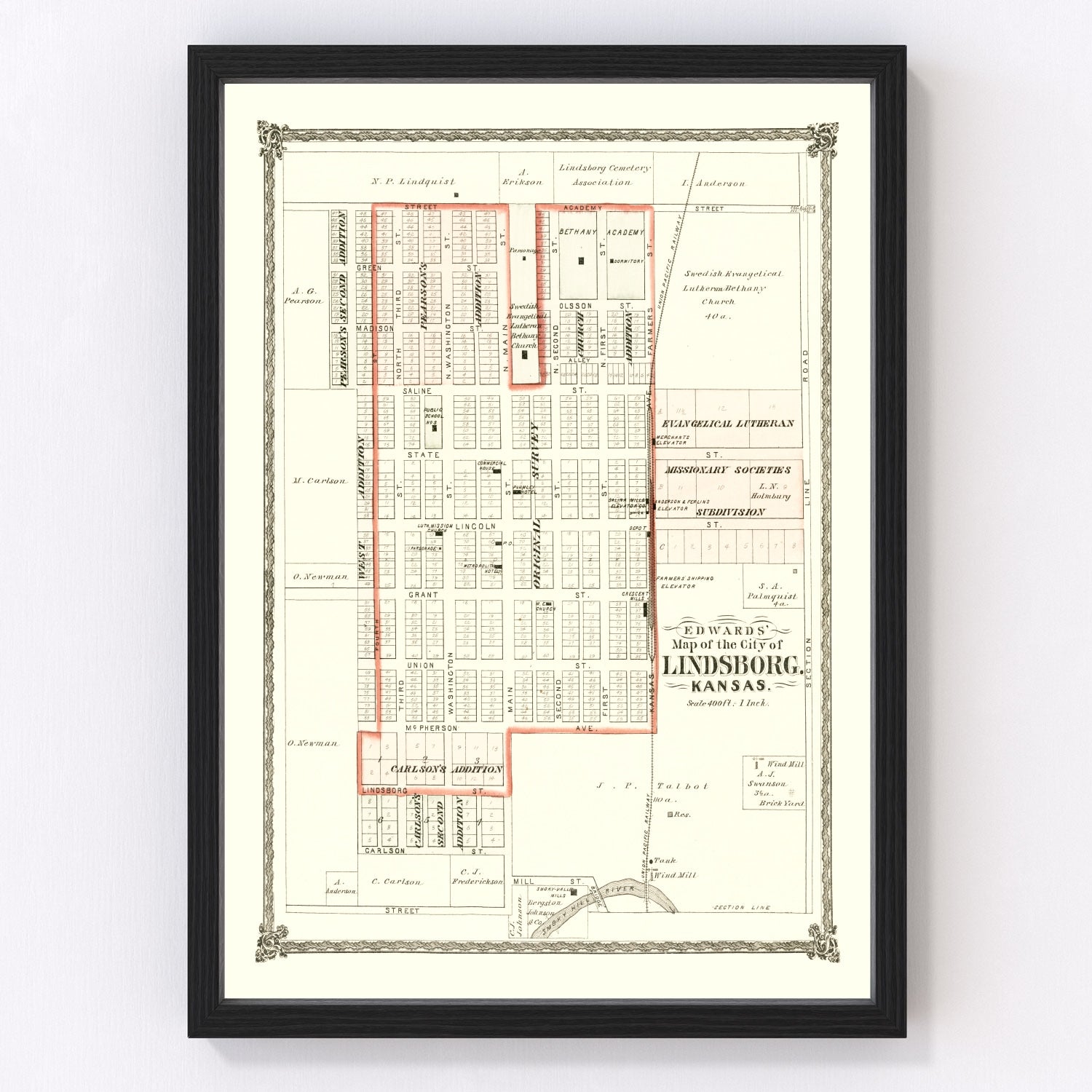 Vintage Map of Lindsborg, Kansas 1884