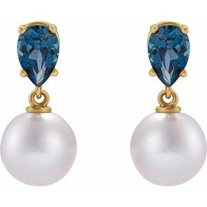 14K Yellow Gold Cultured White Akoya Pearl & Natural London Blue Topaz Earrings – image 2