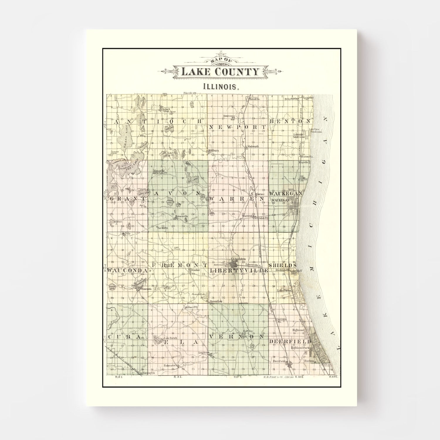 Vintage Map of Lake County, Illinois 1885
