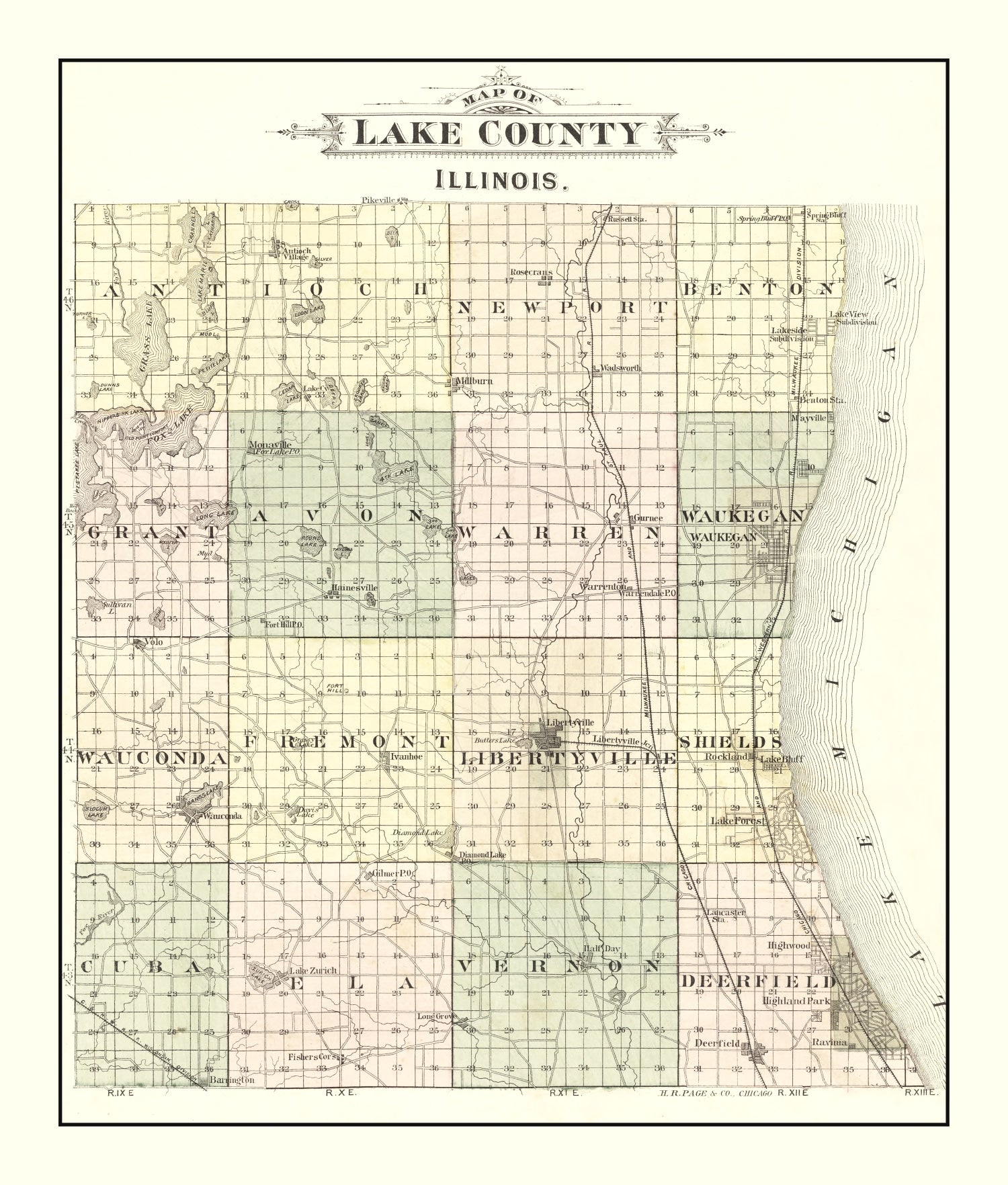 Vintage Map of Lake County, Illinois 1885