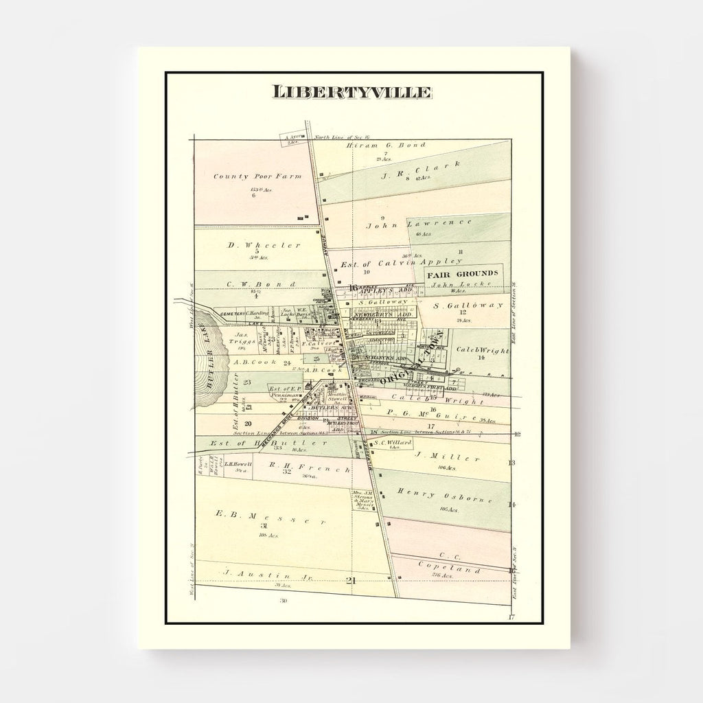 Vintage Map of Libertyville, Illinois 1885