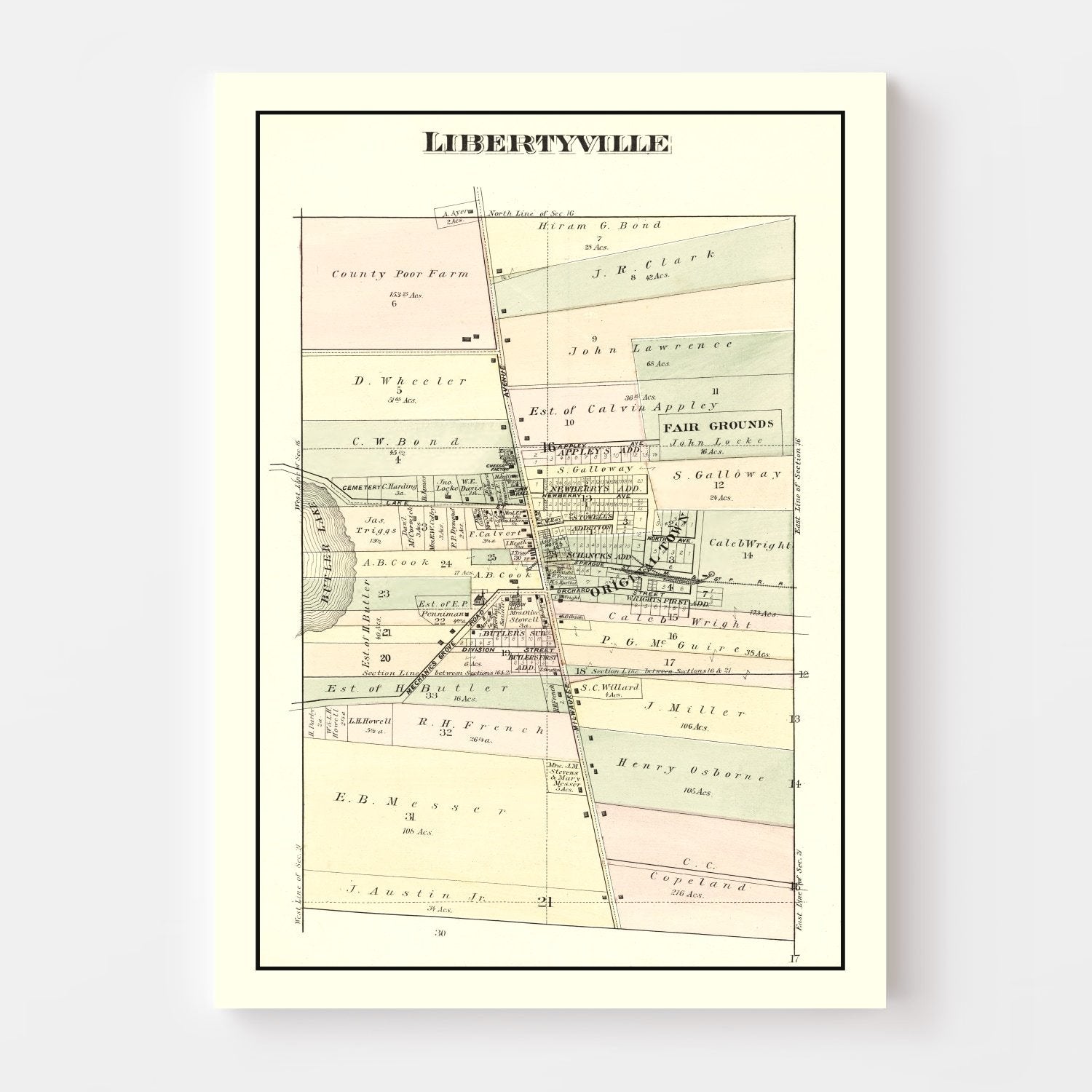 Vintage Map of Libertyville, Illinois 1885