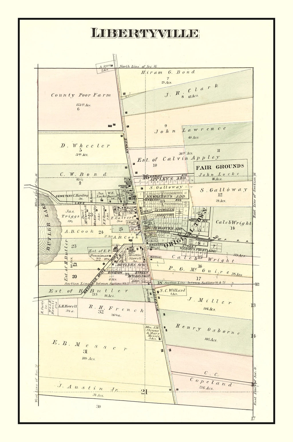 Vintage Map of Libertyville, Illinois 1885