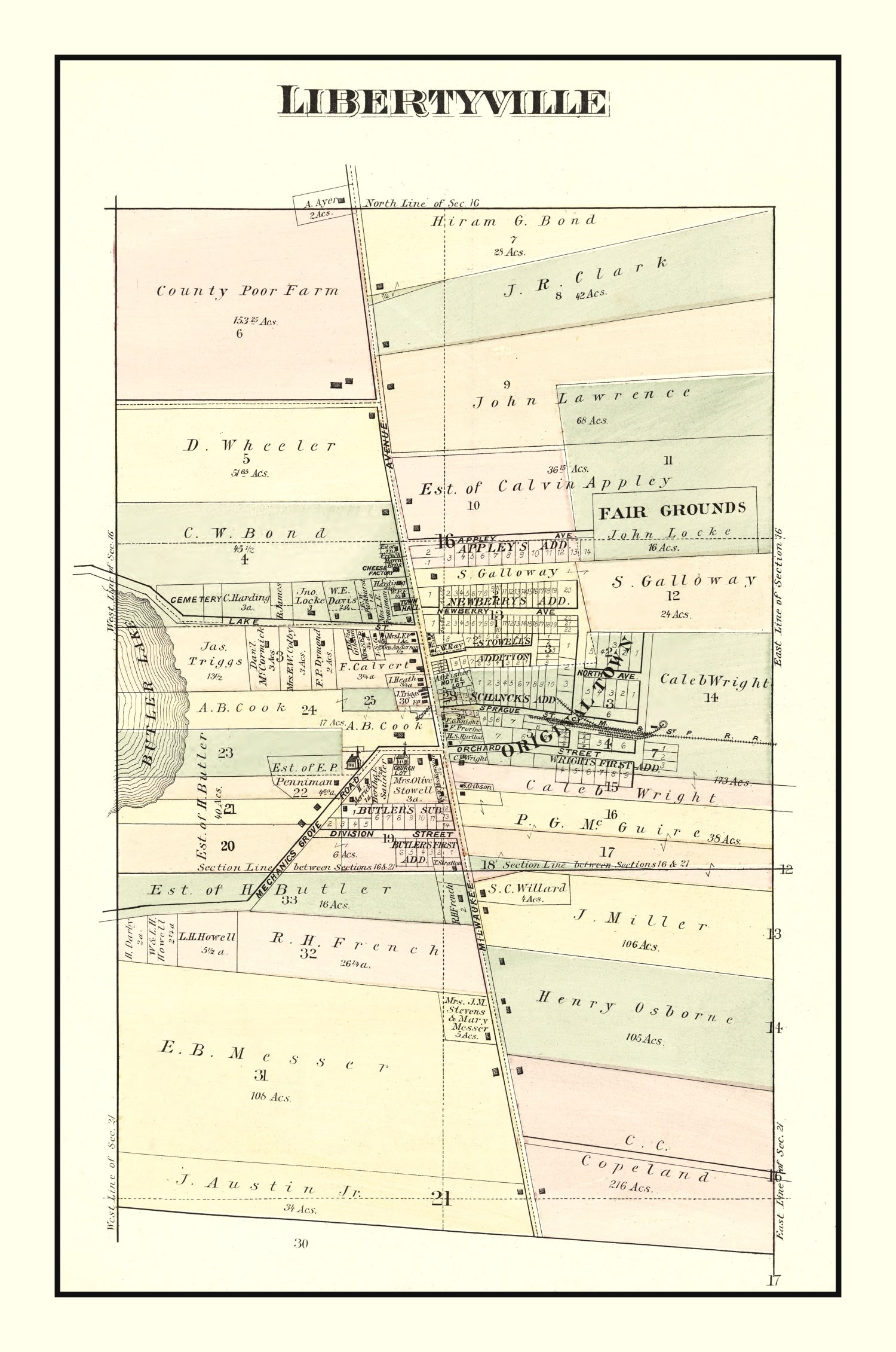 Vintage Map of Libertyville, Illinois 1885