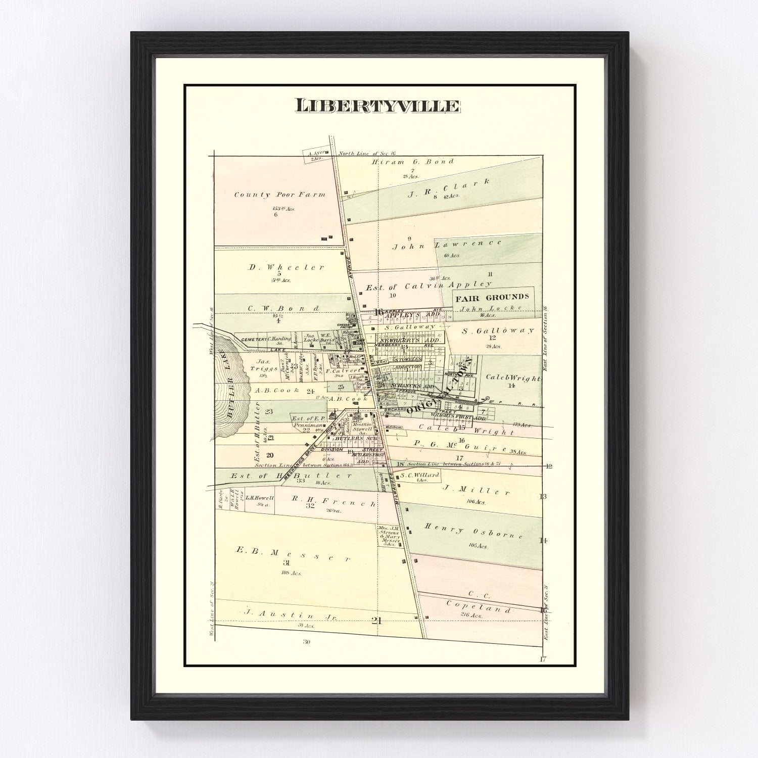 Vintage Map of Libertyville, Illinois 1885