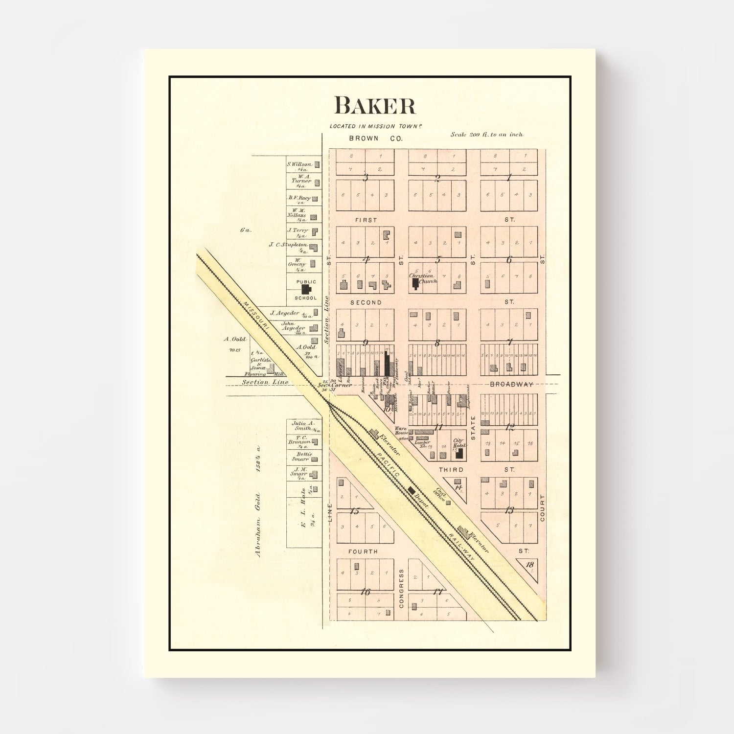 Vintage Map of Baker, Kansas 1887