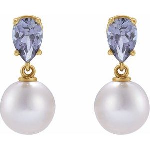 14K Yellow Gold Cultured White Akoya Pearl & Natural Tanzanite Earrings – image 2
