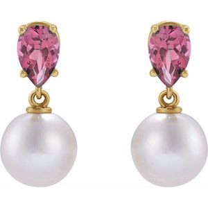 14K Yellow Gold Cultured White Akoya Pearl & Natural Pink Tourmaline Earrings – image 2