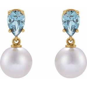 14K Yellow Gold Cultured White Akoya Pearl & Natural Aquamarine Earrings
