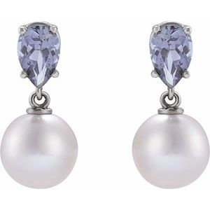 Sterling Silver Cultured White Akoya Pearl & Natural Tanzanite Earrings – image 2