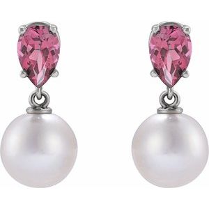 Sterling Silver Cultured White Akoya Pearl & Natural Pink Tourmaline Earrings