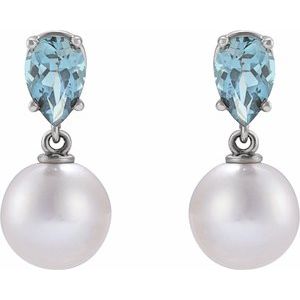 14K White Gold Cultured White Akoya Pearl & Natural Aquamarine Earrings – image 2
