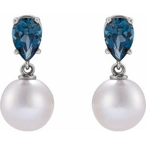 14K White Gold Cultured White Akoya Pearl & Natural London Blue Topaz Earrings – image 2
