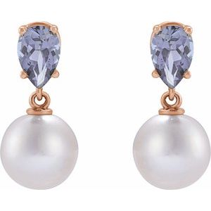 14K Rose Gold Cultured White Akoya Pearl & Natural Tanzanite Earrings – image 2