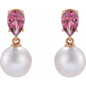 14K Rose Gold Cultured White Akoya Pearl & Natural Pink Tourmaline Earrings – image 2