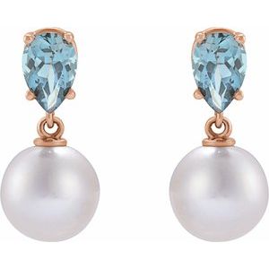 14K Rose Gold Cultured White Akoya Pearl & Natural Aquamarine Earrings – image 2