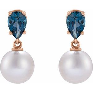 14K Rose Cultured White Akoya Pearl & Natural London Blue Topaz Earrings