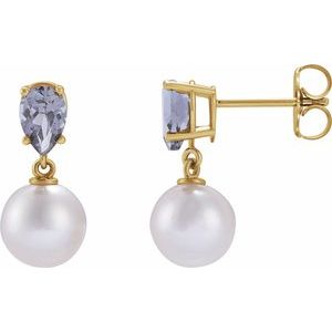 14K Yellow Gold Cultured White Akoya Pearl & Natural Tanzanite Earrings