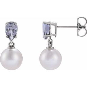 14K White Gold Cultured White Akoya Pearl & Natural Tanzanite Earrings