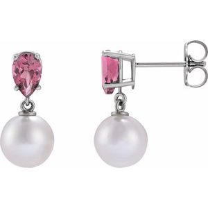 14K White Cultured White Akoya Pearl & Natural Pink Tourmaline Earrings