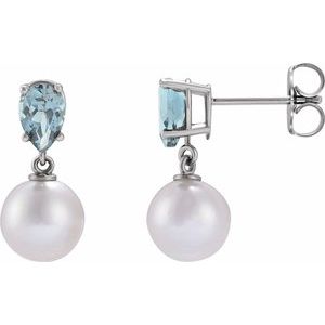 14K White Gold Cultured White Akoya Pearl & Natural Aquamarine Earrings