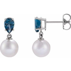 Platinum Cultured White Akoya Pearl & Natural London Blue Topaz Earrings