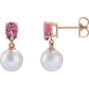 14K Rose Gold Cultured White Akoya Pearl & Natural Pink Tourmaline Earrings