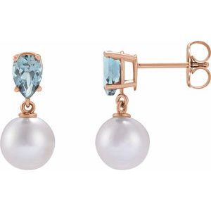 14K Rose Gold Cultured White Akoya Pearl & Natural Aquamarine Earrings
