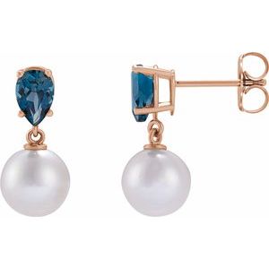 14K Rose Cultured White Akoya Pearl & Natural London Blue Topaz Earrings