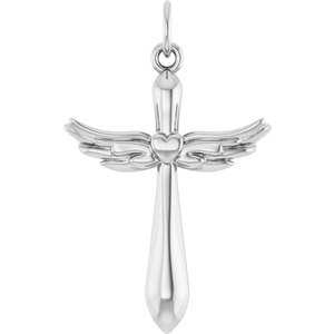 14K White Angel Wings Heart Cross Pendant