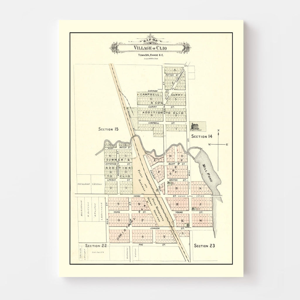 Vintage Map of Clio, Michigan 1889