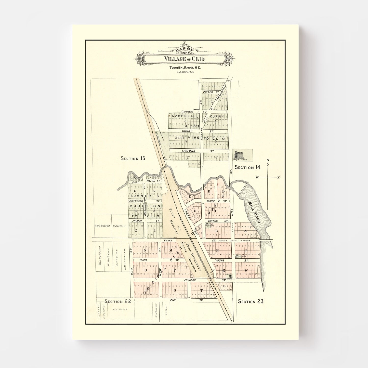 Vintage Map of Clio, Michigan 1889