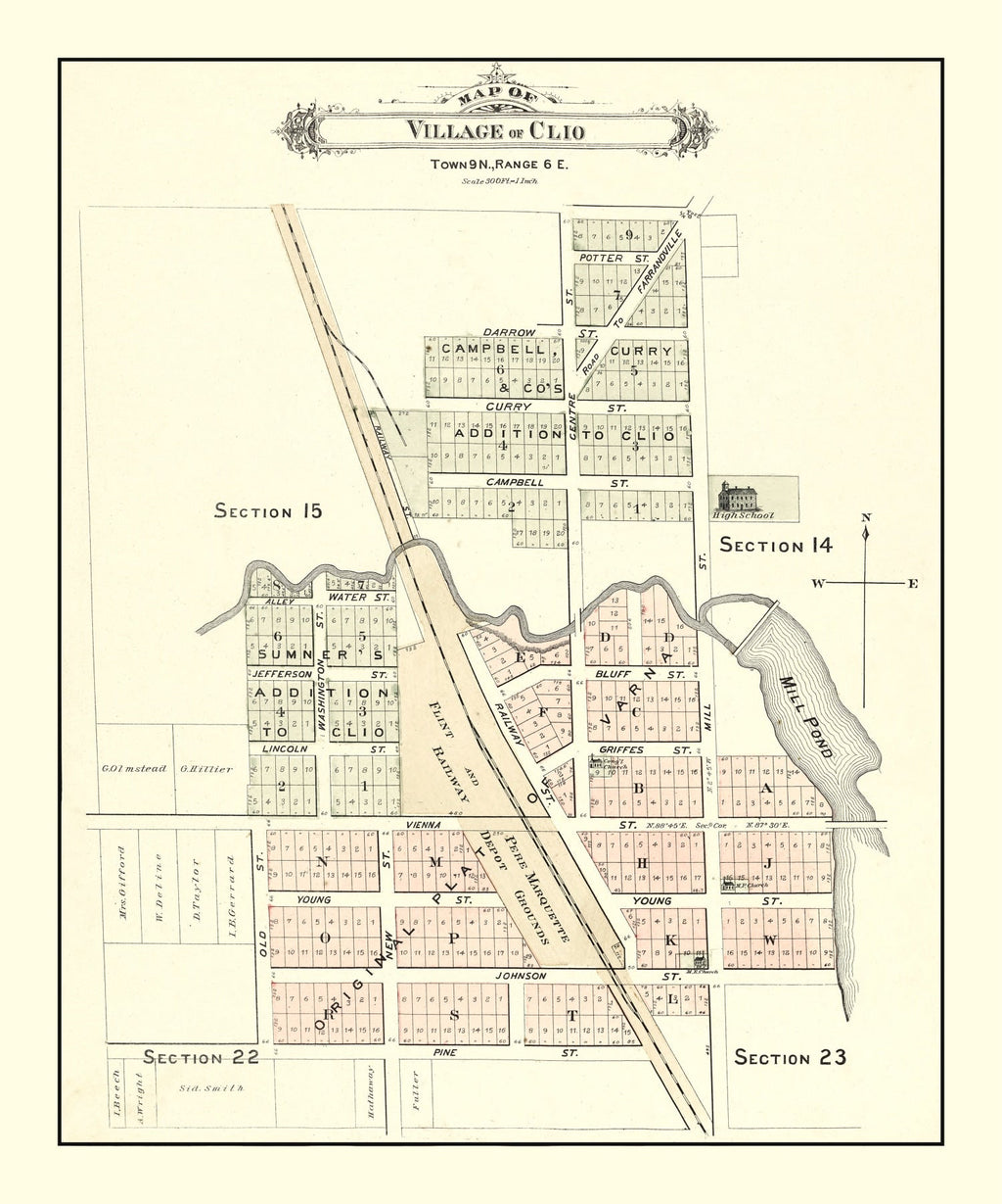 Vintage Map of Clio, Michigan 1889