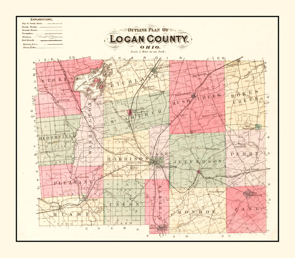 Vintage Map of Logan County, Ohio 1890