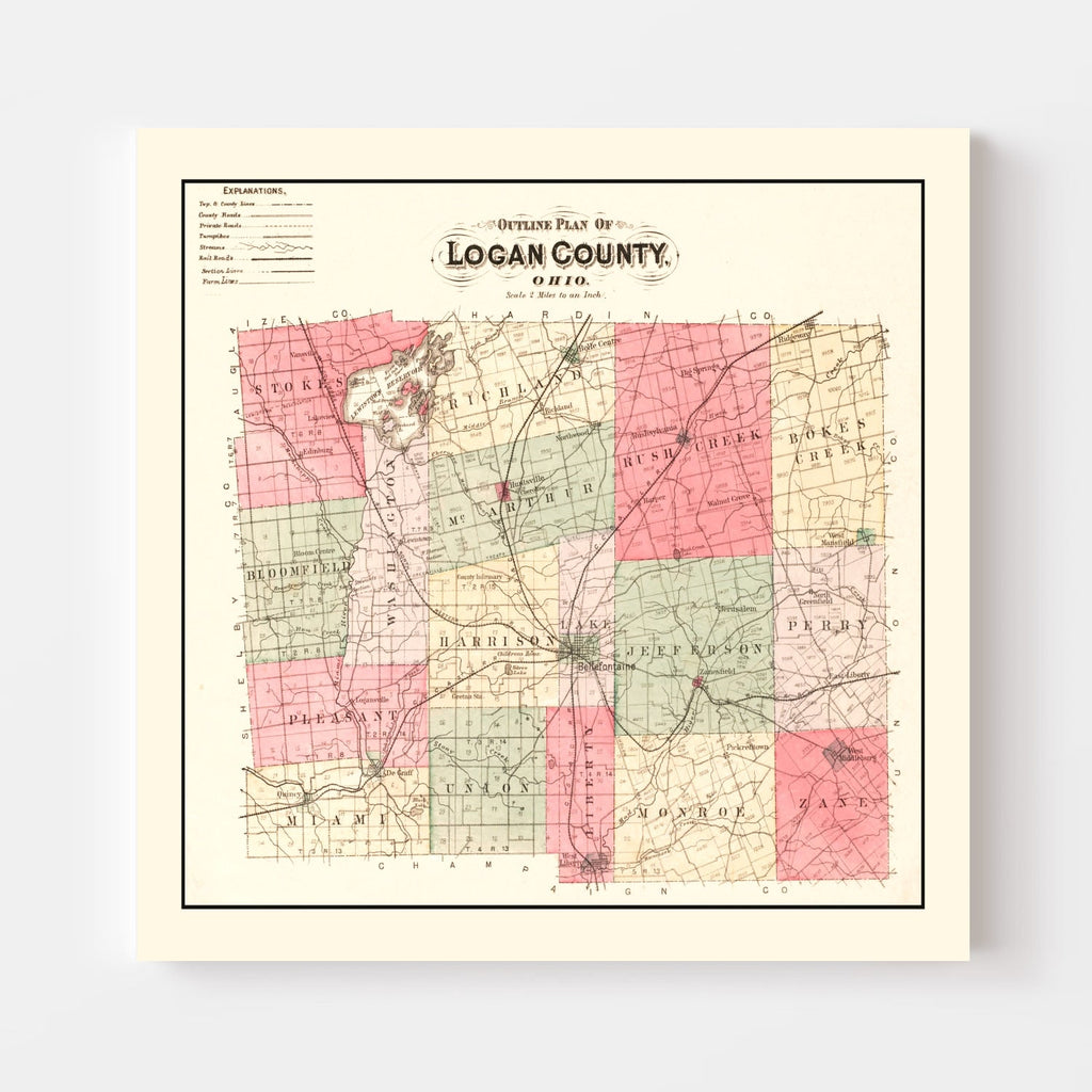 Vintage Map of Logan County, Ohio 1890