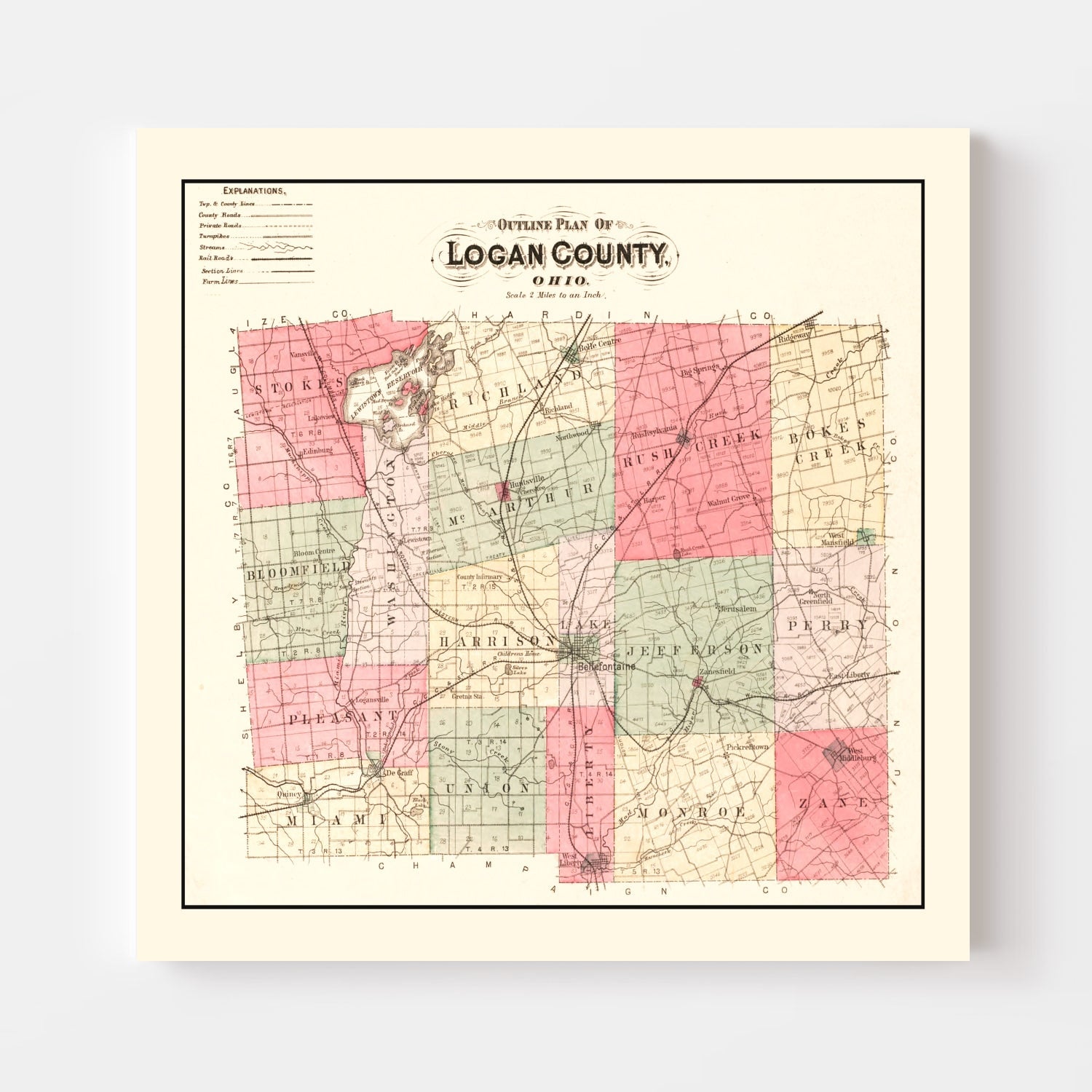 Vintage Map of Logan County, Ohio 1890