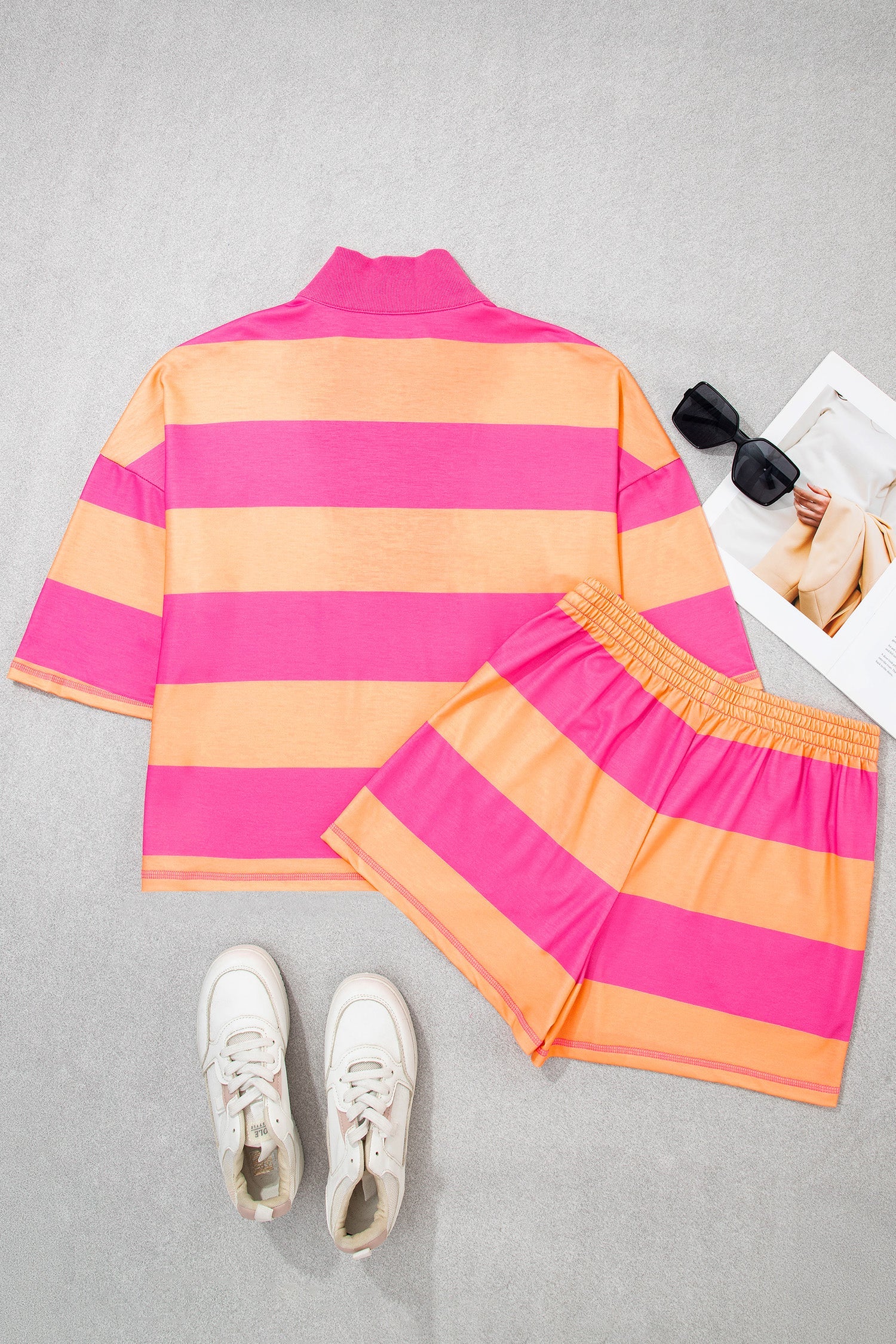 Stripe Half Zip Tee & Elastic Shorts Set