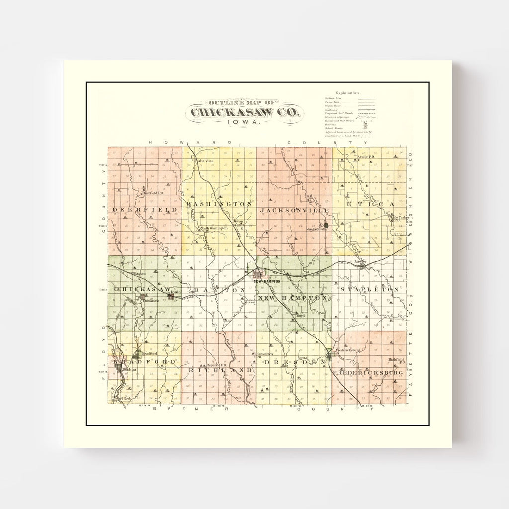 Vintage Map of Chickasaw County, Iowa 1892