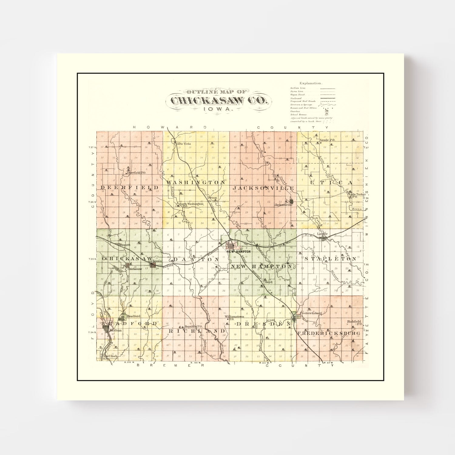Vintage Map of Chickasaw County, Iowa 1892