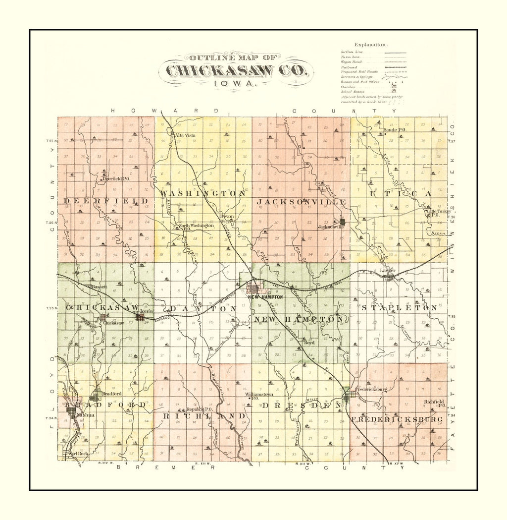 Vintage Map of Chickasaw County, Iowa 1892