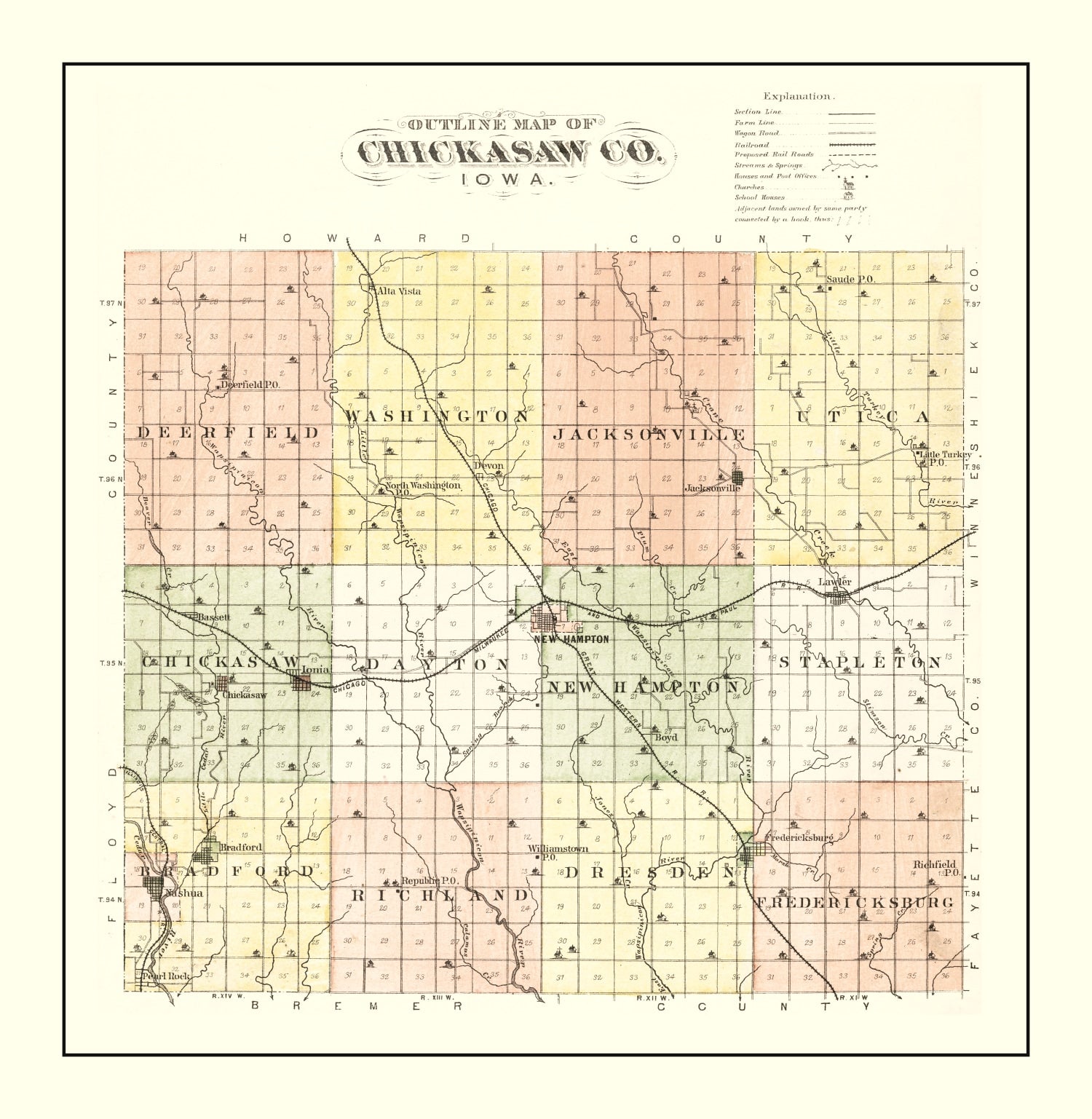 Vintage Map of Chickasaw County, Iowa 1892