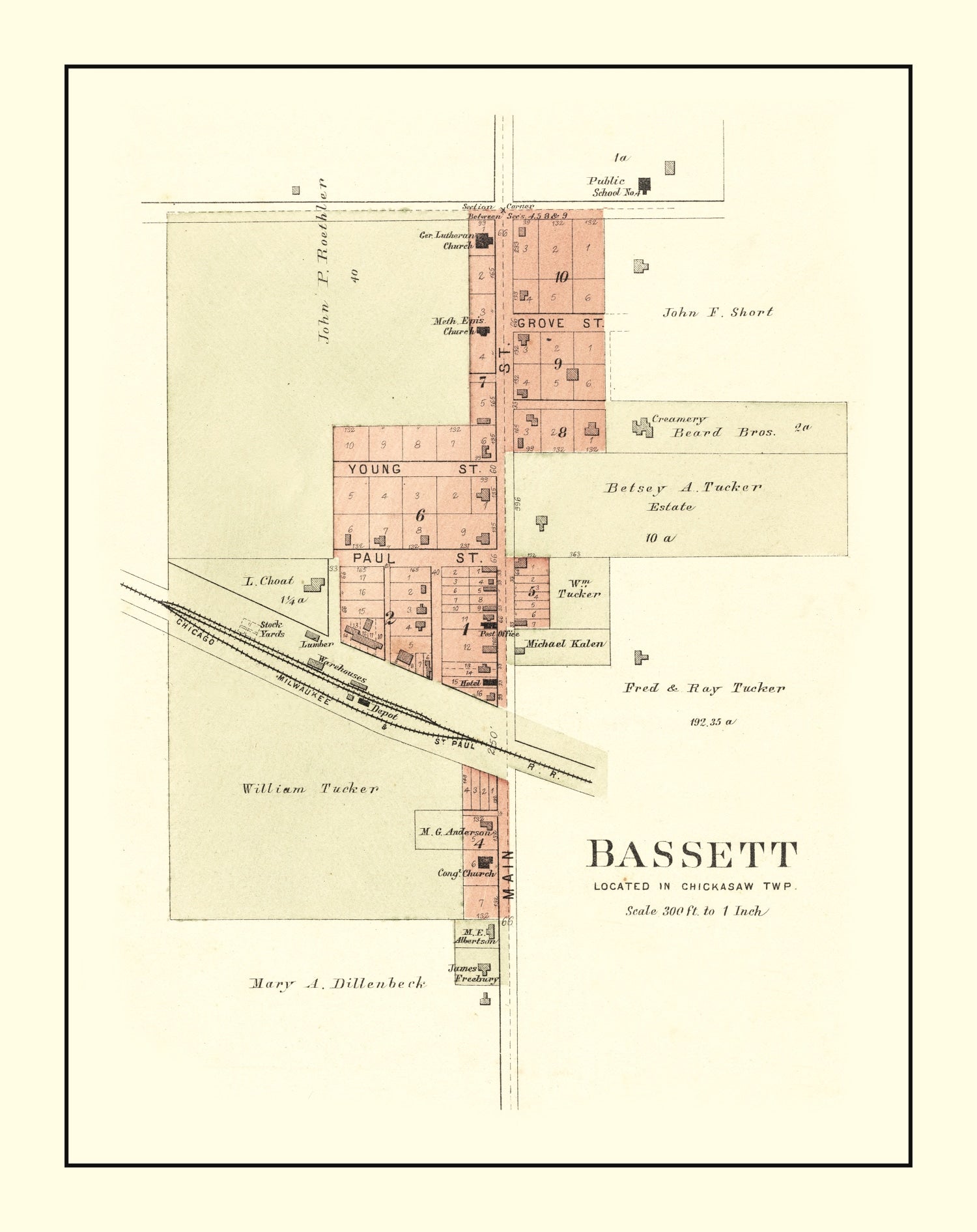 Vintage Map of Bassett, Iowa 1892