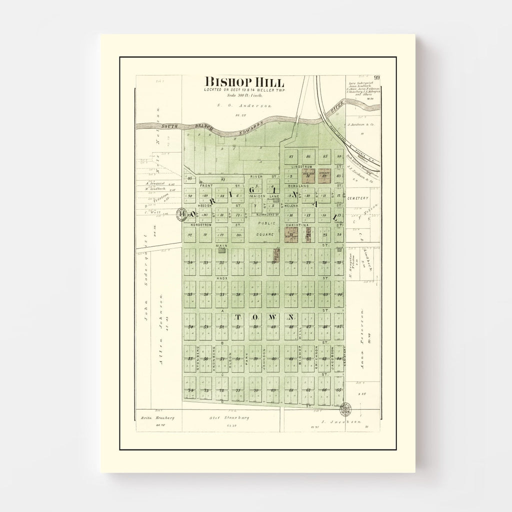 Vintage Map of Bishop Hill, Illinois 1893