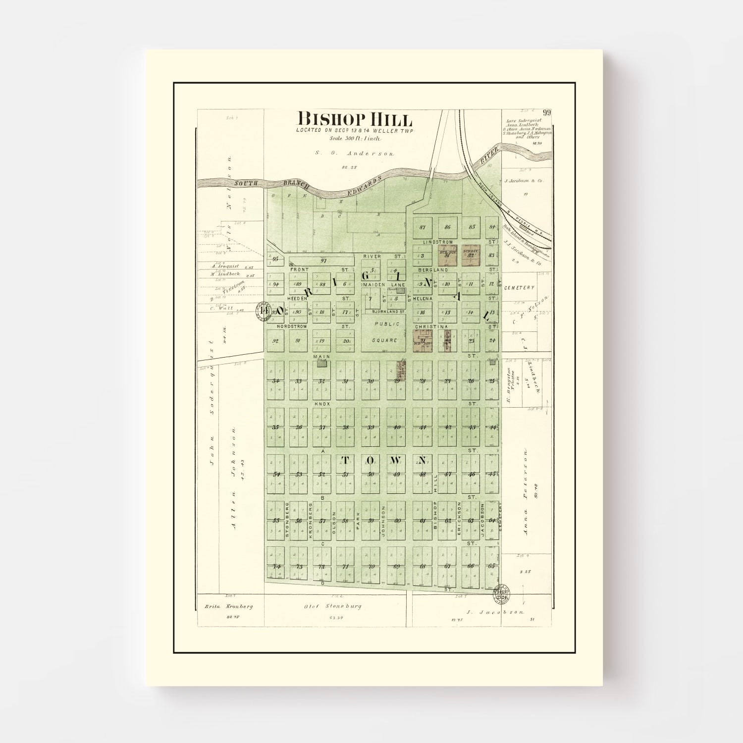 Vintage Map of Bishop Hill, Illinois 1893