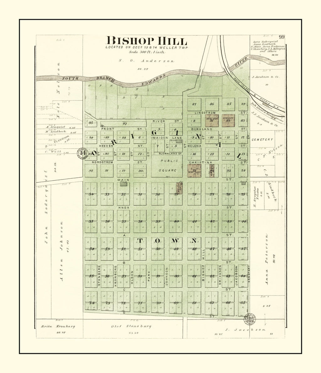 Vintage Map of Bishop Hill, Illinois 1893
