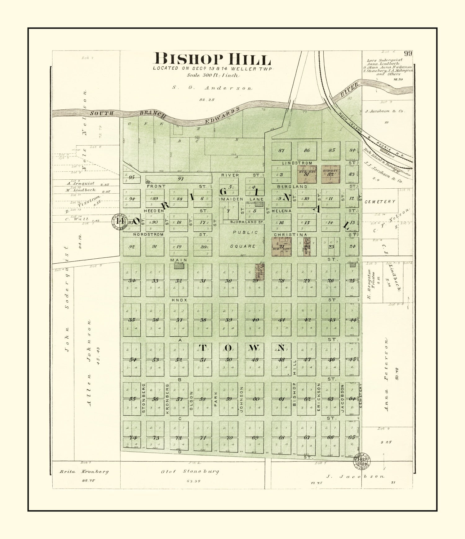 Vintage Map of Bishop Hill, Illinois 1893