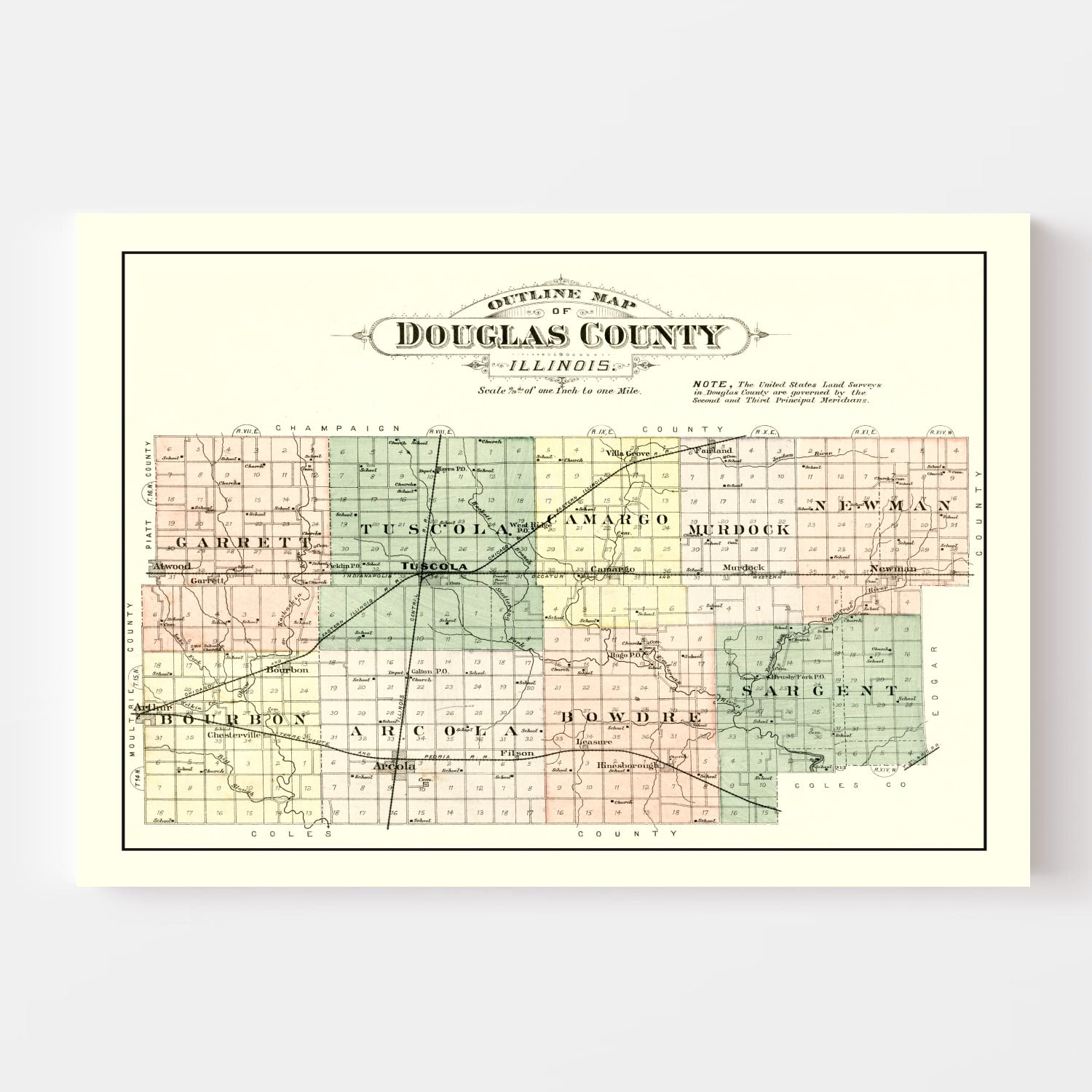 Vintage Map of Douglas County, Illinois 1893