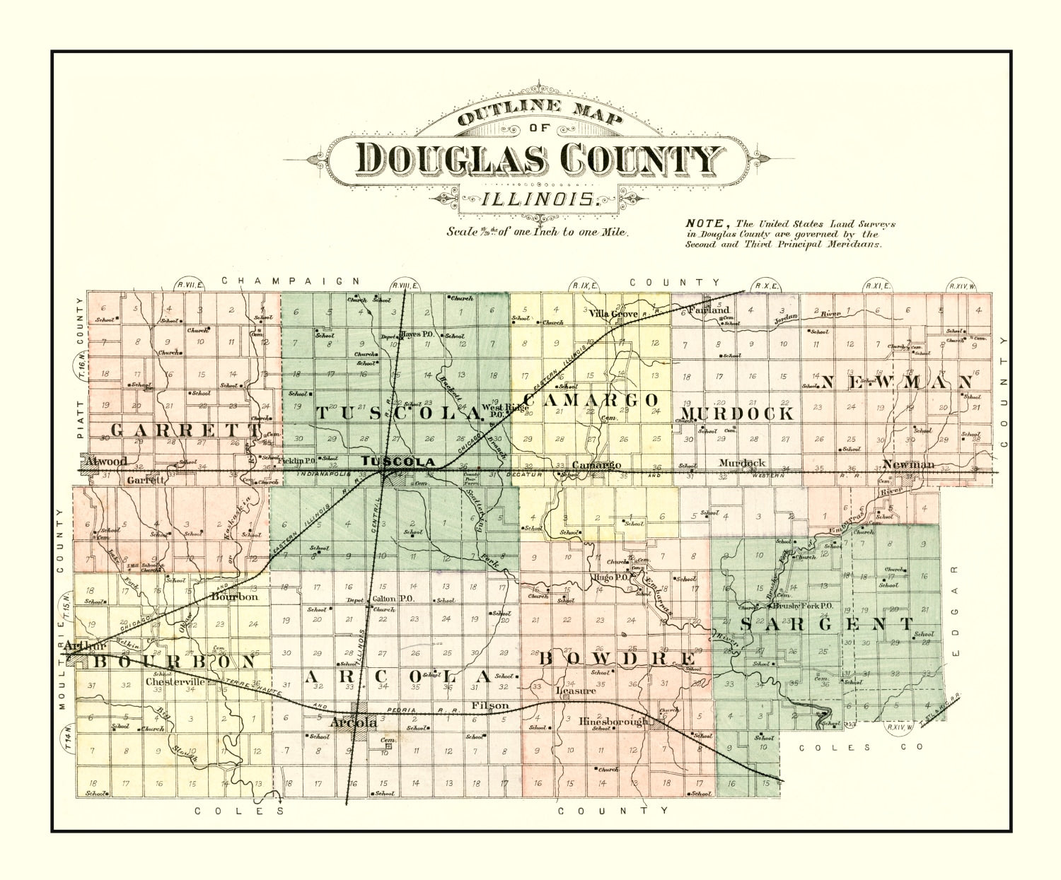 Vintage Map of Douglas County, Illinois 1893