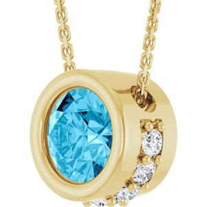14K Yellow Gold Natural Aquamarine & 1/10 CTW Natural Diamond 18" Necklace